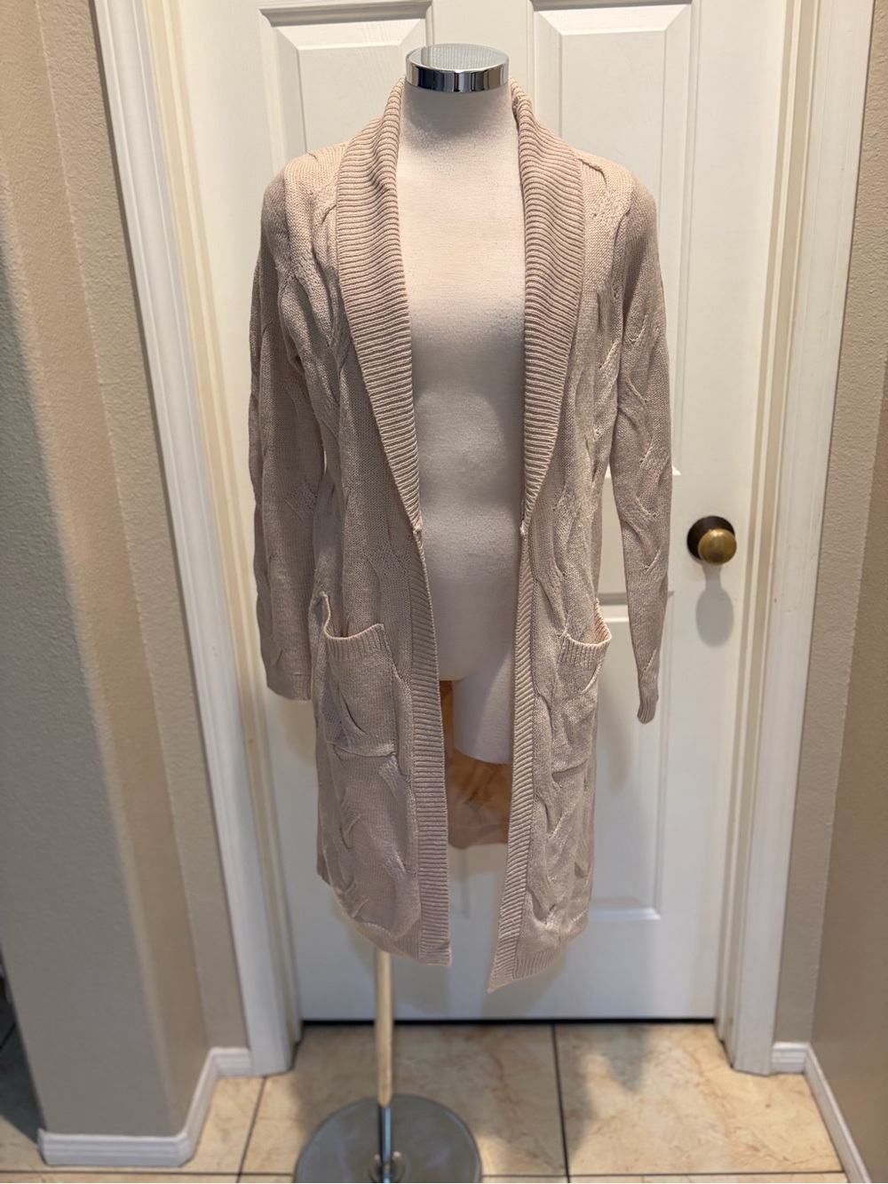 Guess Open-Front Cable Knit Duster Cardigan in Light Beige